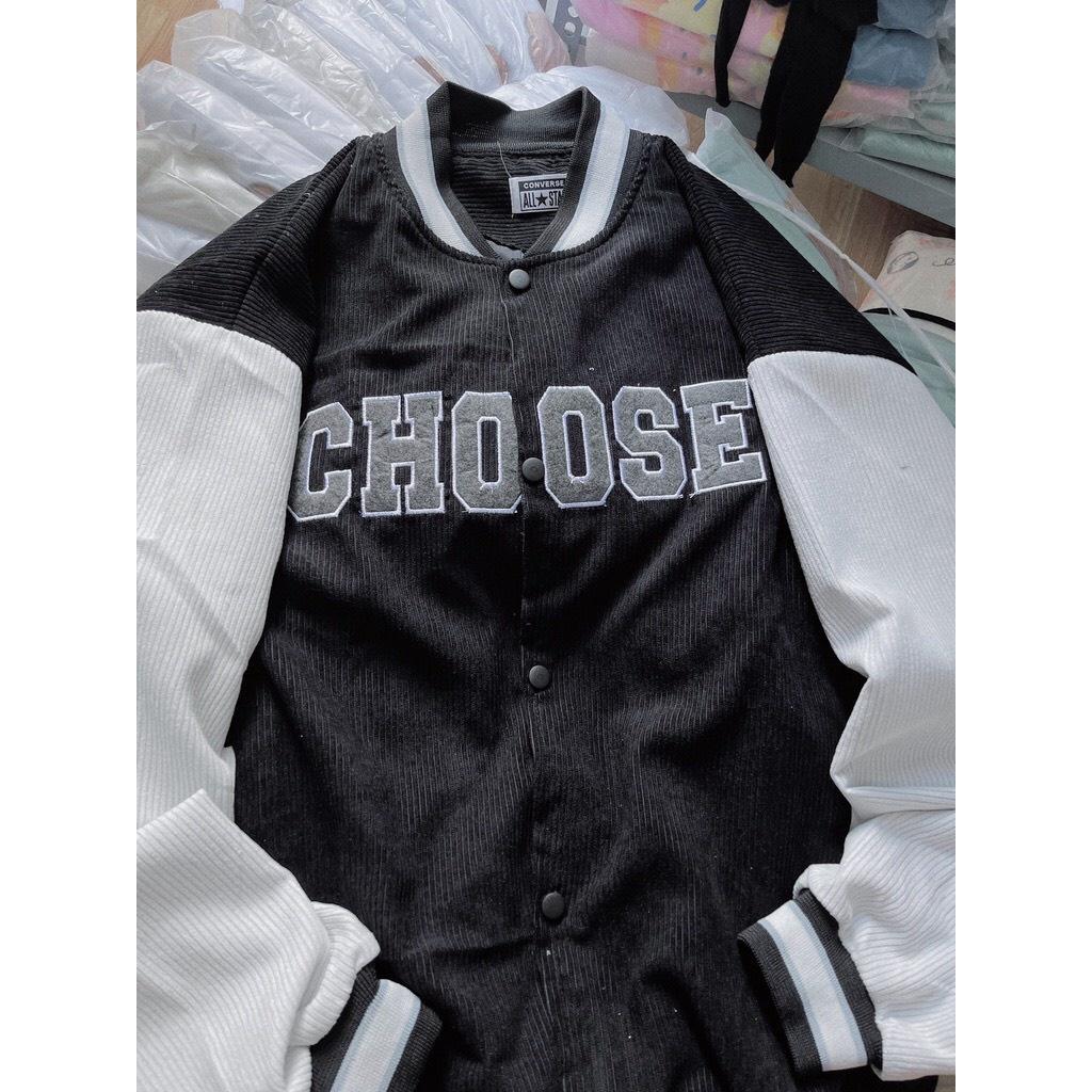 Áo Khoác Bomber Nhung Tăm Gân Thêu 2 Lớp CHOOSE Form Rộng Unisex Nam Nữ