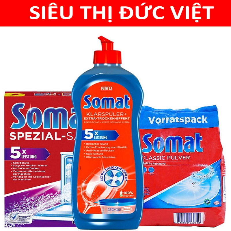 Combo Bôt rửa bát somat Pulver 1.2kg + Muối rửa bát Somat spezial salz 1.5kg + Nước làm bóng somat 750ml chuyên dùng cho máy rửa bát ly Somat Đức