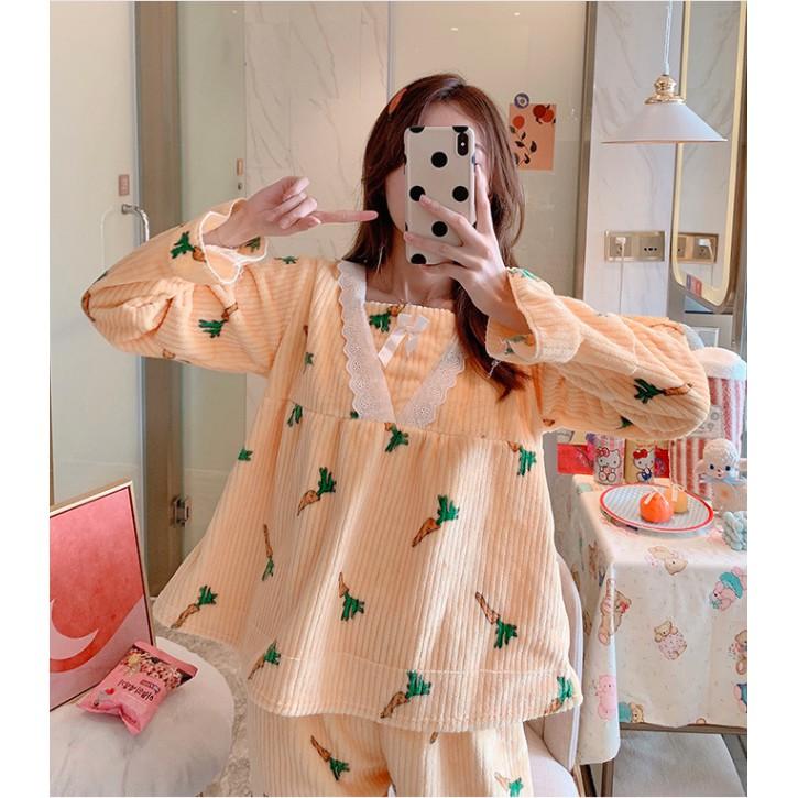 Đồ Ngủ Tay Dài Thu Đông- Đồ Bộ Pijama Chất Liệu Nhung Tăm Cho Nữ Hàng Cao Cấp Xuất Hàn MSP446