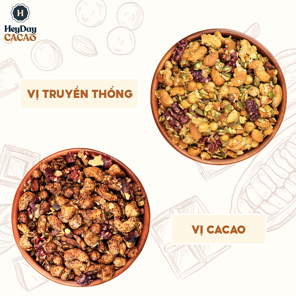 Granola nướng giòn tan - Dùng mật dừa nước, 0 trái cây sấy, GI thấp - Hạt ngũ cốc giảm cân - HeydayCacao