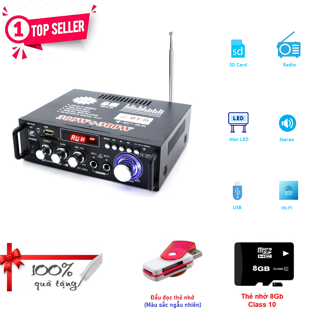 ROGTZ - Amply Mini Gia Đình BT-298A Công suất khủng 40W+40W Kết nối Bluetooth Hỗ trợ FM Radio Điện áp 220V/DC12V Pin CR2052 Tỉ lệ méo tiếng thấp SNR cao Nhỏ gọn Dễ sử dụng Gia đình Karaoke Âm nhạc - Hàng Chính Hãng