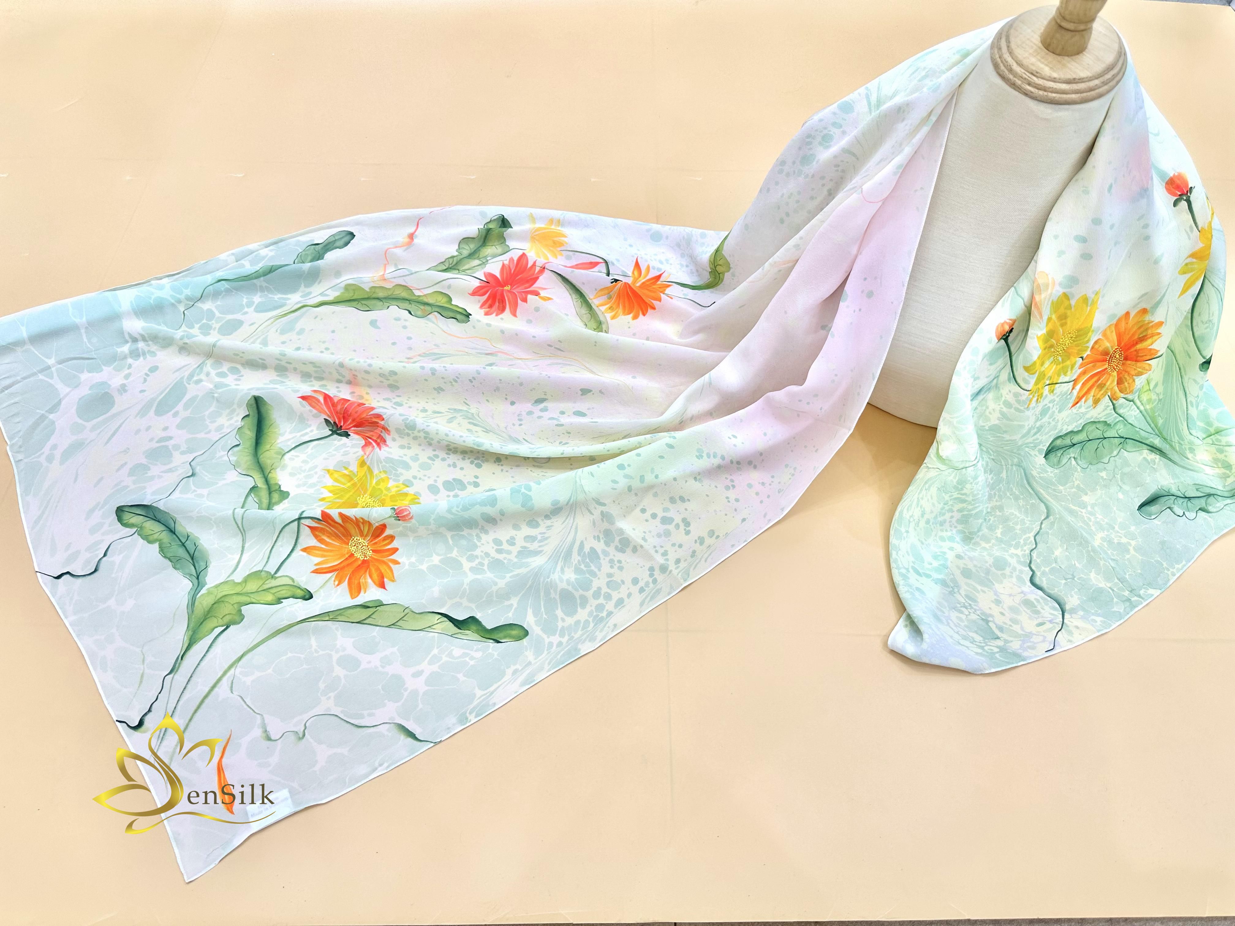 Khăn Thuỷ Ấn Vẽ Tay SenSilk Hoa Đồng Tiền - Silk Shawl Water Marbled Hand Painted - Quà Tặng Đối Tác - Vietnam Silk Gift