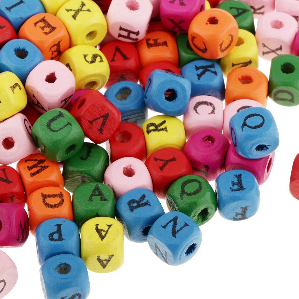 100-Piece Mixed Color 10mm Wooden Alphabet Letters Cube Beads Kids DIY Craft