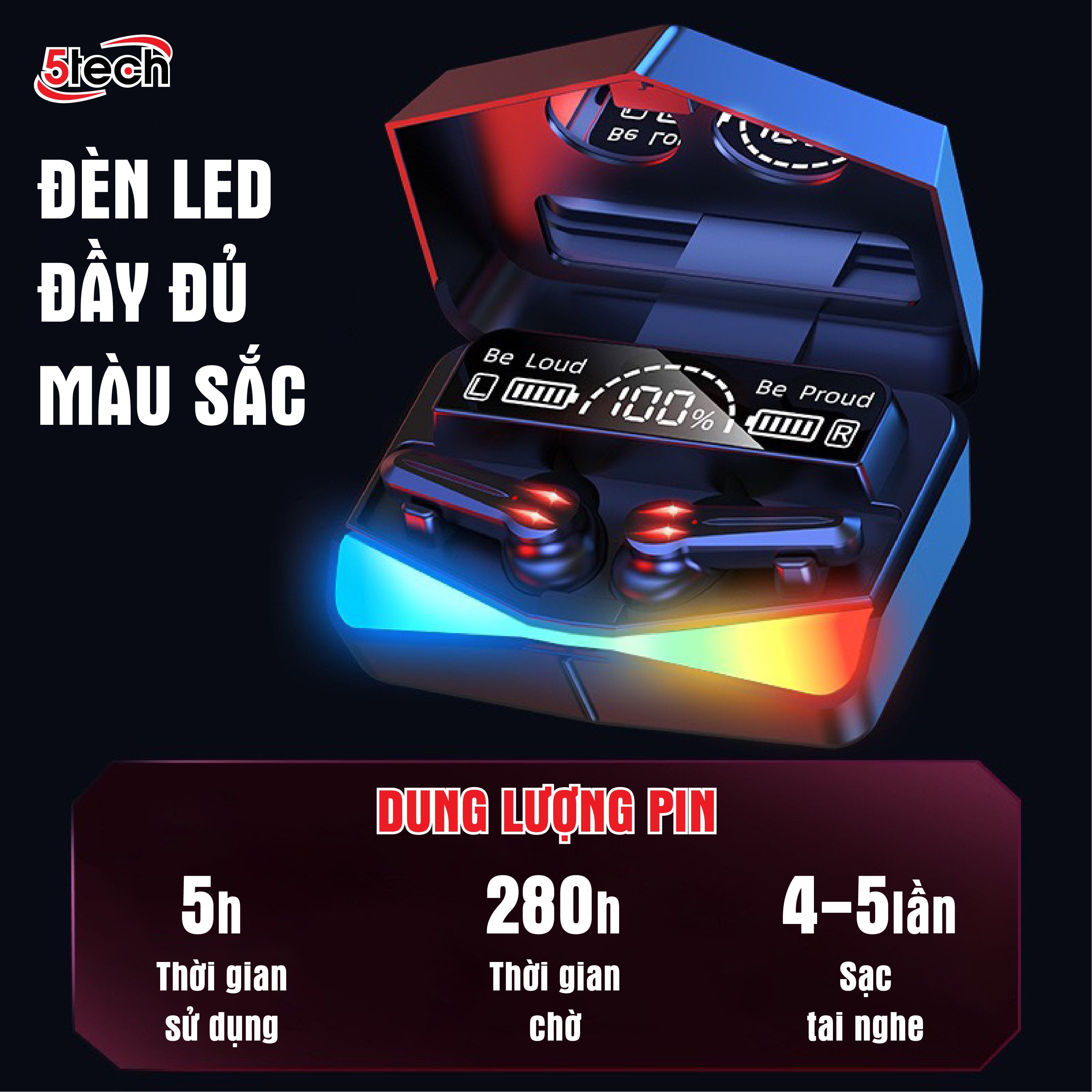 Tai nghe bluetooth gaming monster 5TECH hàng chính hãng, tai phone không dây pin trâu với màn hình LED RGB tráng gương nghe nhạc cưc hay