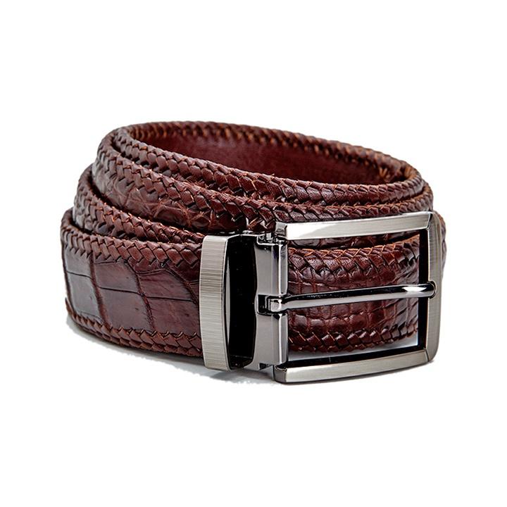 Thắt lưng nam da cá sấu Huy Hoàng đan viền 3,5P đầu kim màu đen, nâu đất, nâu đỏ, vàng bò HT4276-77-78-79