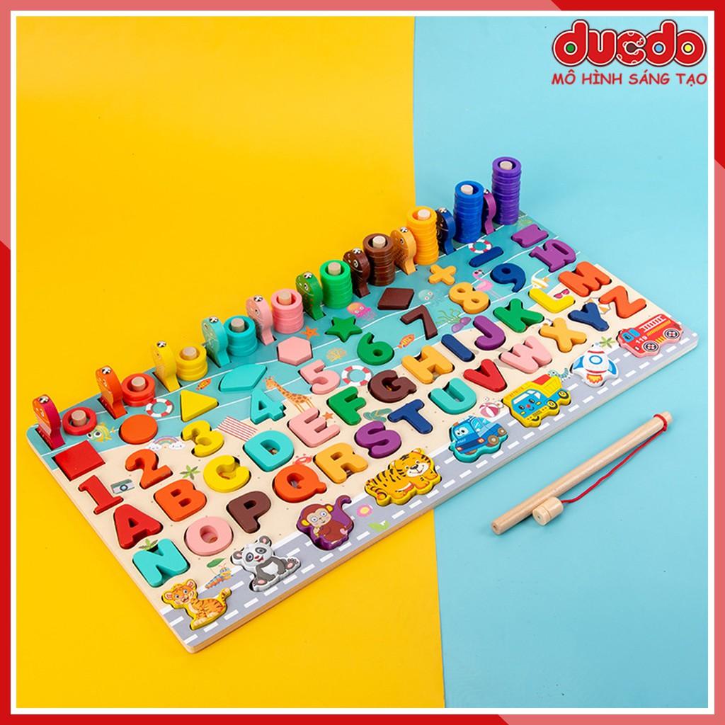 Bảng học đếm, chữ cái, hình học, câu cá thông minh 6 hàng - Đồ chơi gỗ phát triển kỹ năng, kích thích trí não