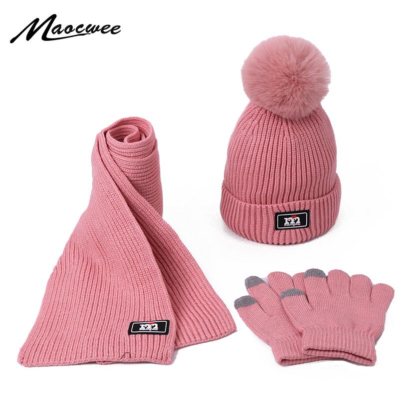 3 Mảnh Khăn Mũ Bộ Bé Gái Trẻ Em PomPon Beanies Dệt Kim Skullies Nón Trẻ Em Giữ Ấm Mùa Đông Len Croptop Mũ Lưỡi Trai unisex
