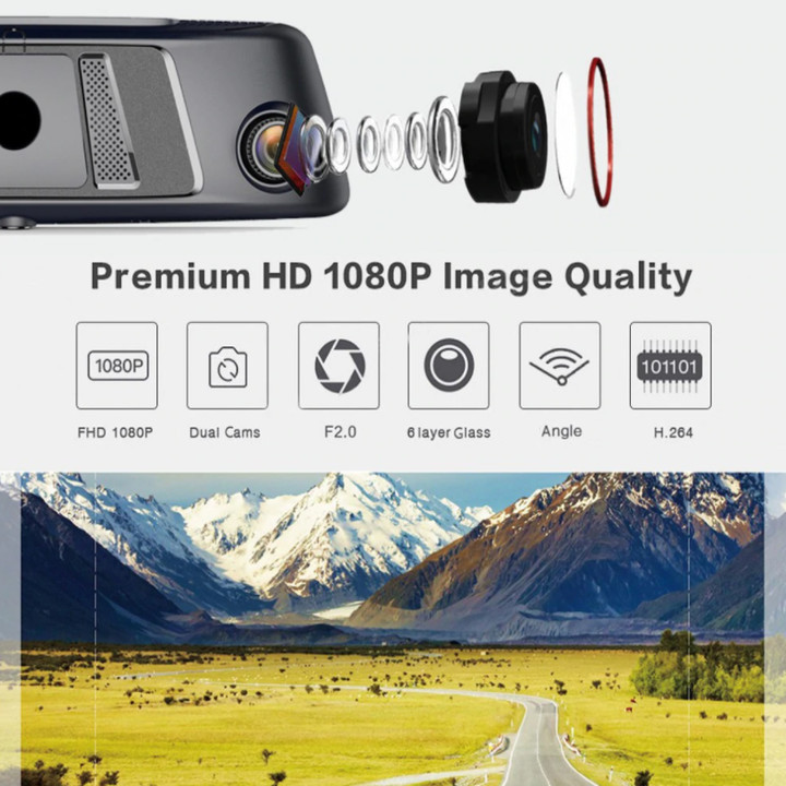 Camera hành trình 360 độ gương ô tô cao cấp K960 5 trong 1 gồm Camera hành trình 360 độ, camera giam sát, thiết bị Android giải trí, thiết bị kết nối internet