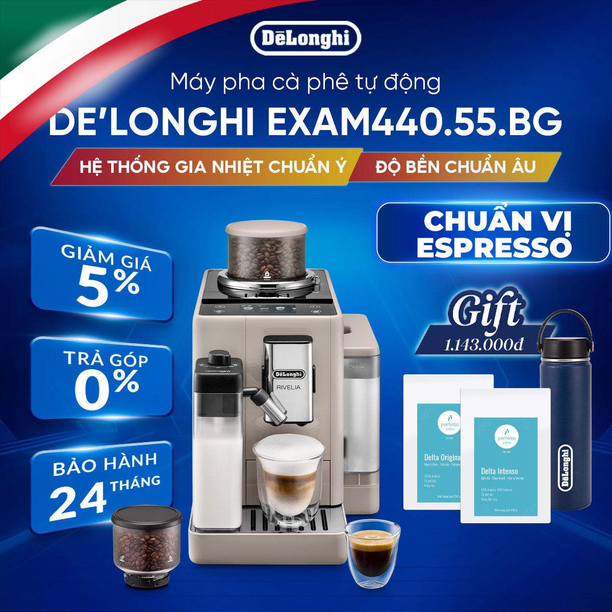 [Hàng chính hãng] Máy pha cà phê tự động DeLonghi Rivelia EXAM440.55.BG