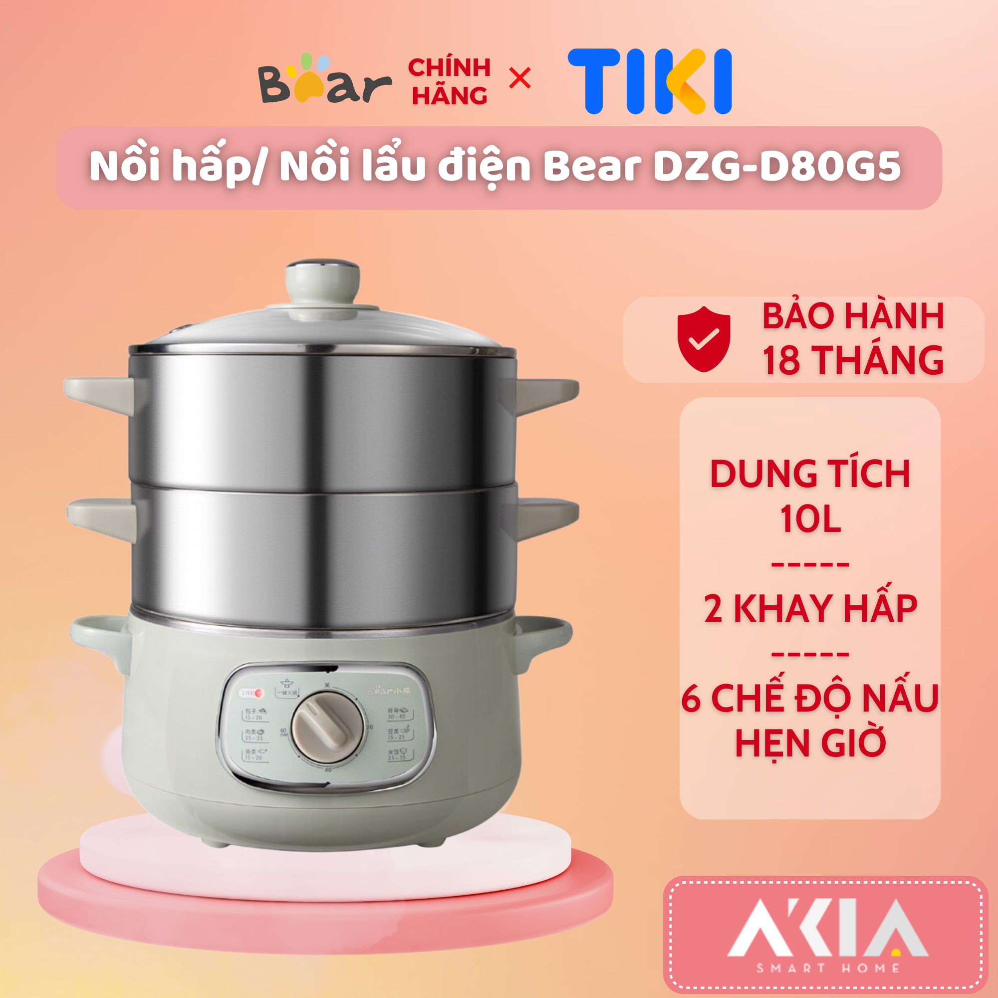 Nồi hấp / Nồi lẩu điện đa năng Bear DZG-D80G5, dung tích 10L, kèm 2 khay hấp, 6 chế độ nấu ăn, hẹn giờ 60 phút - HÀNG CHÍNH HÃNG