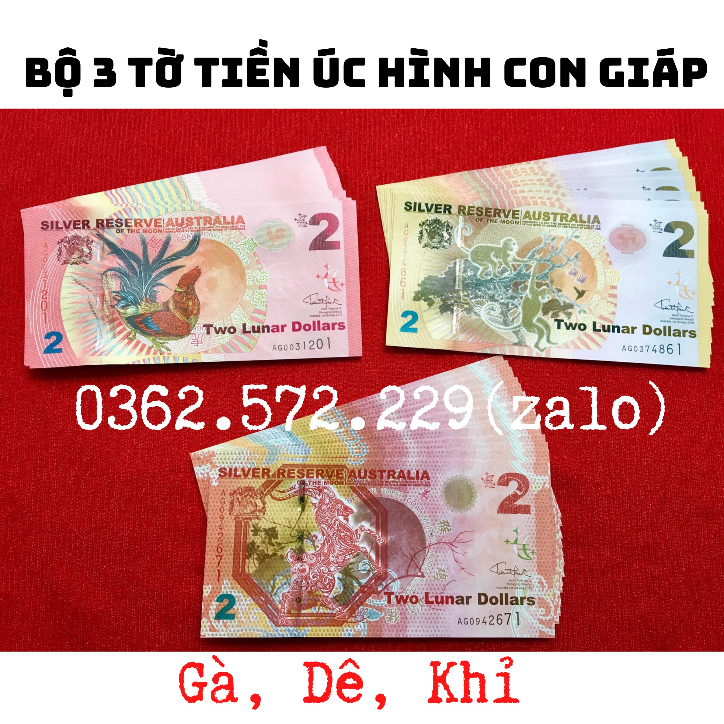 Tiền 2 Dollars Úc in hình con giáp: Gà, Dê, Khỉ. Tiền có giá trị lưu hành. Tặng kèm folder đẹp lung linh như hình