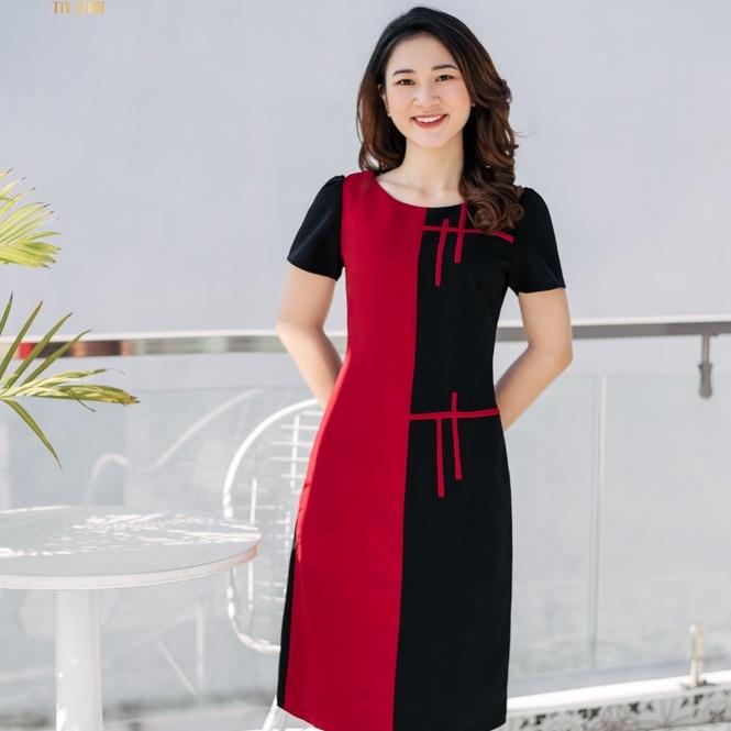 Đầm suông trung niên cao cấp - Cổ tròn tay ngắn - Đen phối đỏ - TTV856 TTV Store