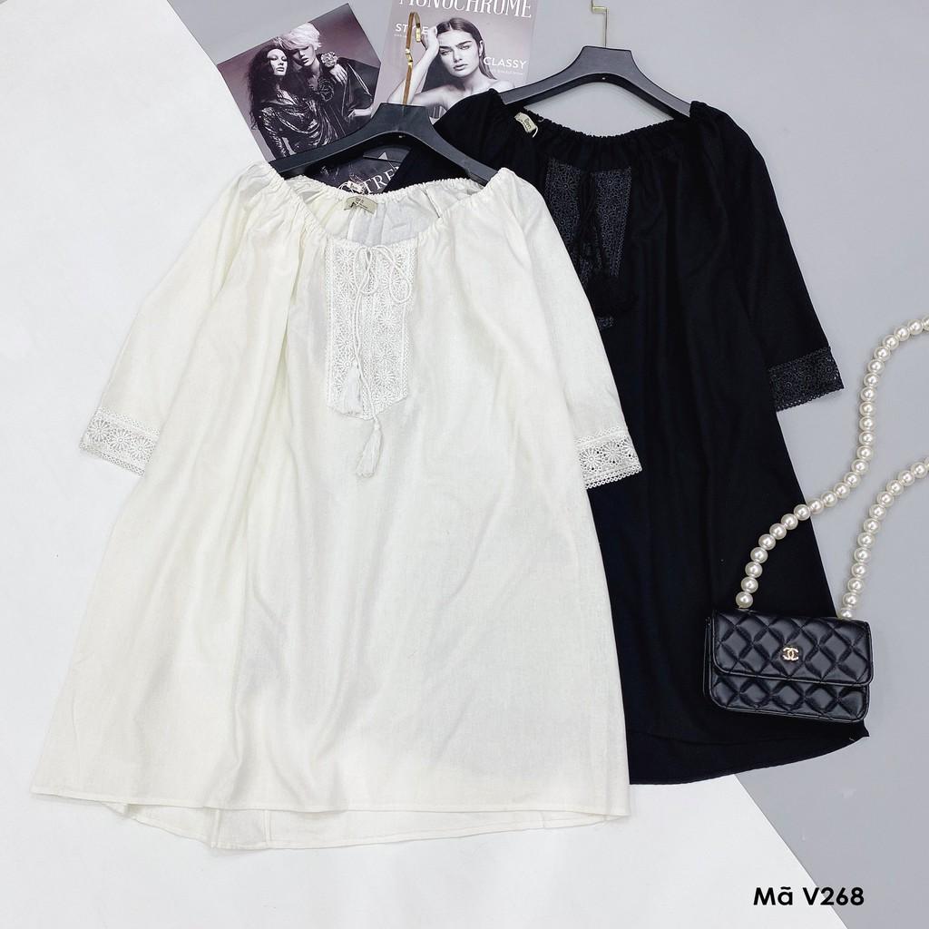 Váy suông đũi tay lỡ, phối ren, đầm xuông rộng freesize 3 màu xanh, tắng, đen mã V268 - Michi's House