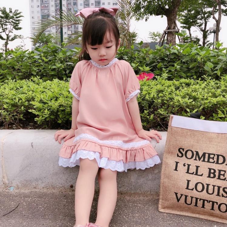 Váy cho bé dáng xòe hồng pastel bo viền điệu đà bé gái