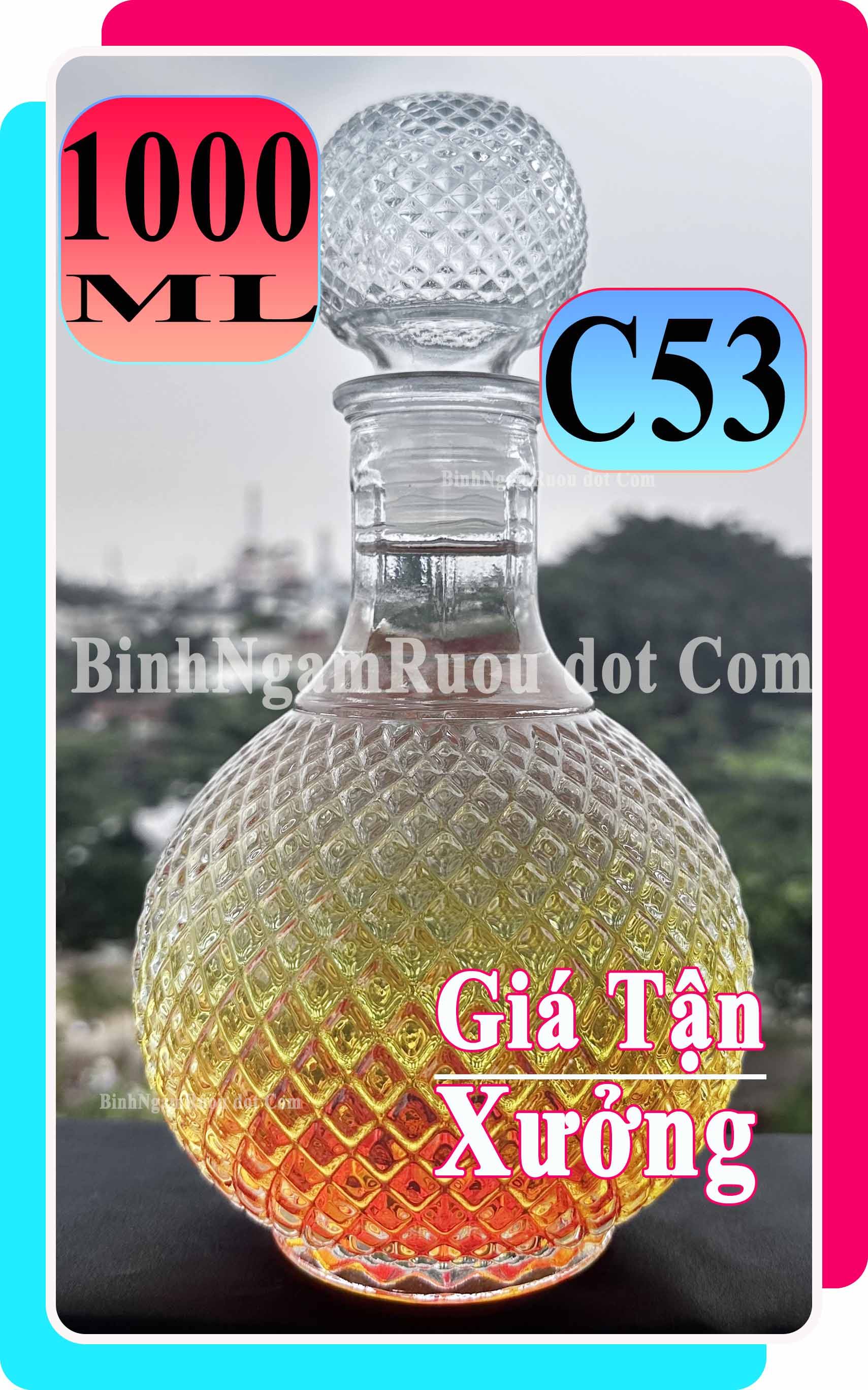 C53 Chai Đựng Rượu Thủy Tinh Dáng Chai Tròn Họa Tiết Nổi Nắp Thủy Tinh Sang Trọng - Cao Cấp 1000ml - Đẹp Cao Cấp - Nắp Kín Thủy Tinh Trong - Quà Biếu Sang Trọng