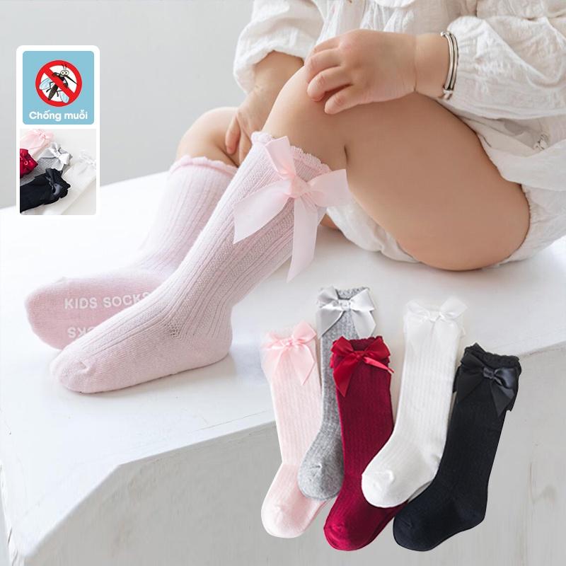 Tất dài đến đầu gối chất COTTON mềm mát đính nơ dễ thương cho bé gái 0-3 tuổi