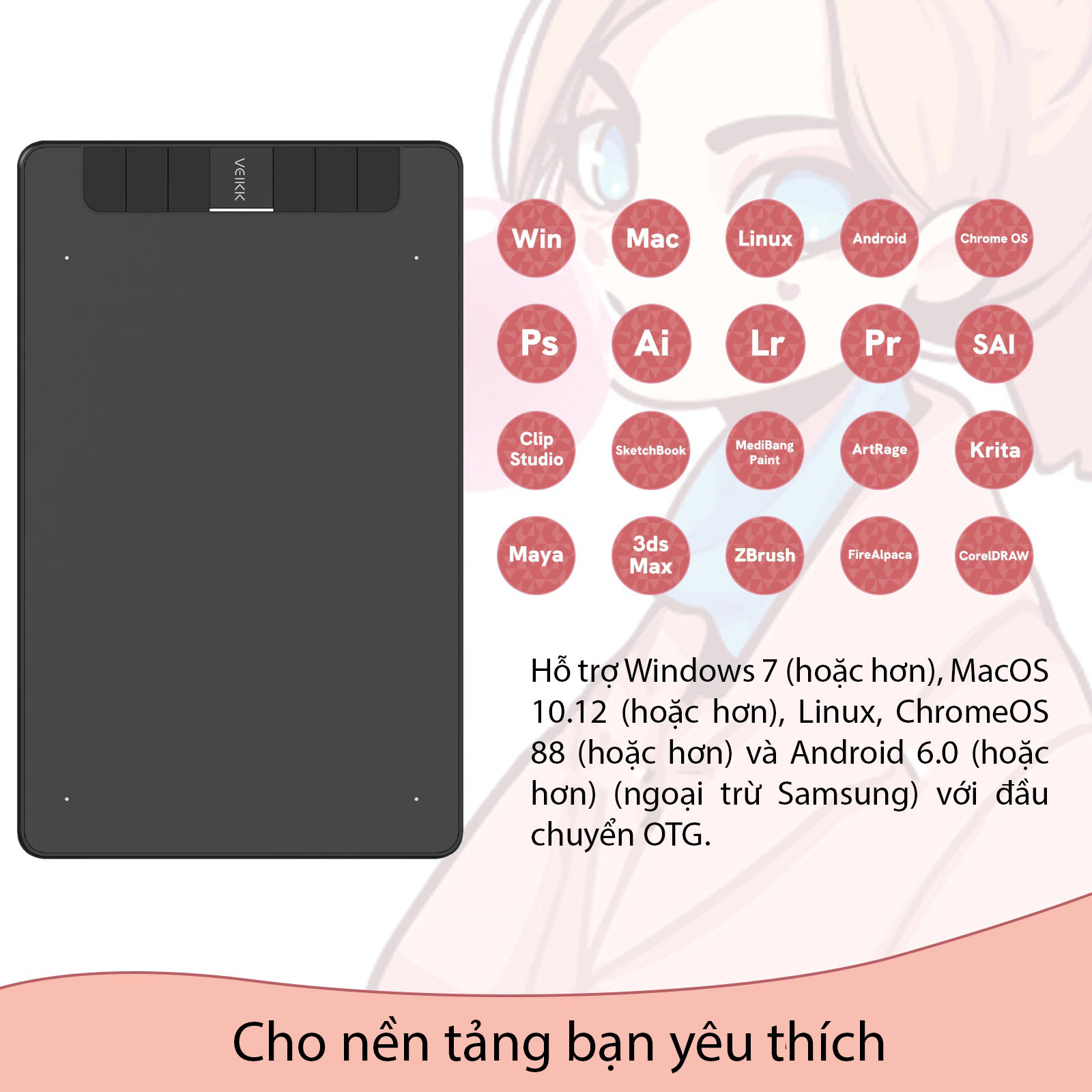 Bảng Vẽ Cảm Ứng VEIKK VK640 Android Mặt Nhám Mô Phỏng Giấy Vẽ - Hàng Chính Hãng