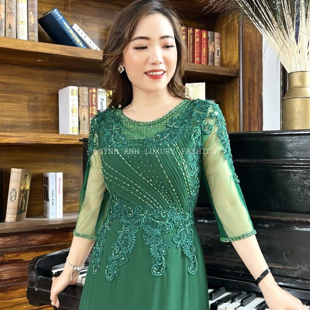 Váy Dạ Hội Áo Dài Xanh Rêu Trung Niên Sang Trọng Cao Cấp Florence Dress