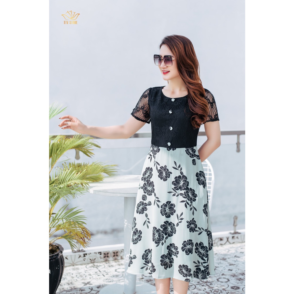 Đầm xoè thời trang trung niên TTV Store cổ tròn kết nút tay ngắn Xanh hoa đen TTV1175