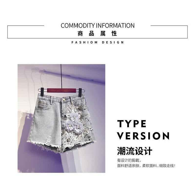 Quần Short Nữ Thêu Họa Tiết Phong Cách Châu Âu Denim Dáng Rộng Lưng Cao