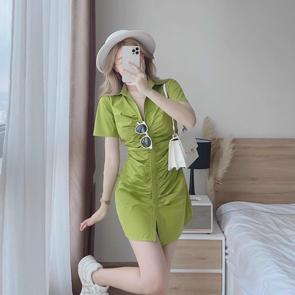 Đầm Body Cổ Sơ Mi Nhún Nút Dọc Xinh Xắn