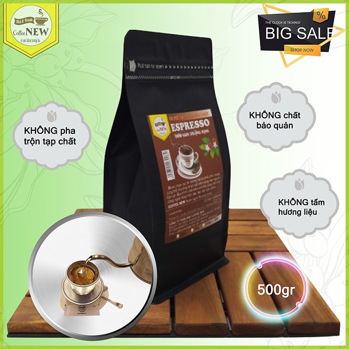 Cà Phê ESPRESSO - Rang Mộc Nguyên Chất (Gói 500g) Tặng Thìa Đong Cà Phê - Pha Máy Hoặc Pha Phin - Hậu Đậm, Vị Đắng Nhẹ, Mùi Hương Thanh Thoát- Coffee New