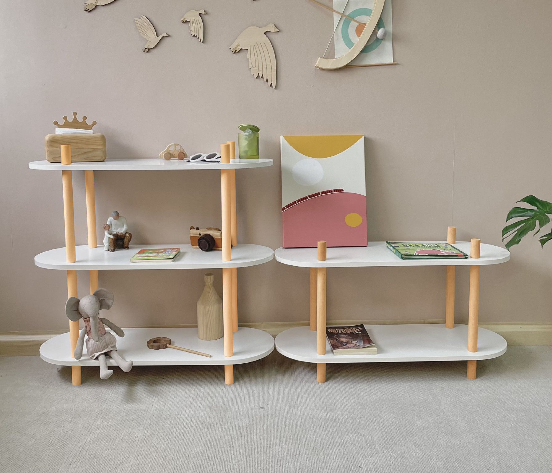 Kệ gỗ đa năng Wavy để đồ thiết kế tiện lợi nhiều tầng mặt oval, kệ sách thông minh decor phòng ngủ phòng khách màu trắng