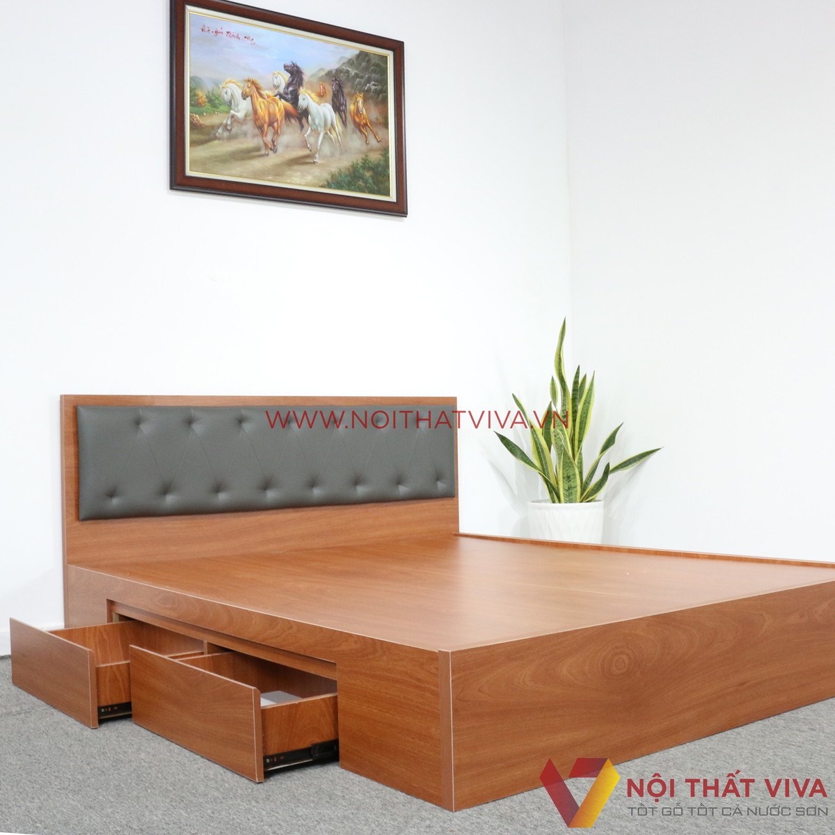 Giường Ngủ Gỗ MDF Melamine Màu Xoan Đào Có Hộc Kéo + Đầu Nệm Đen Đẹp