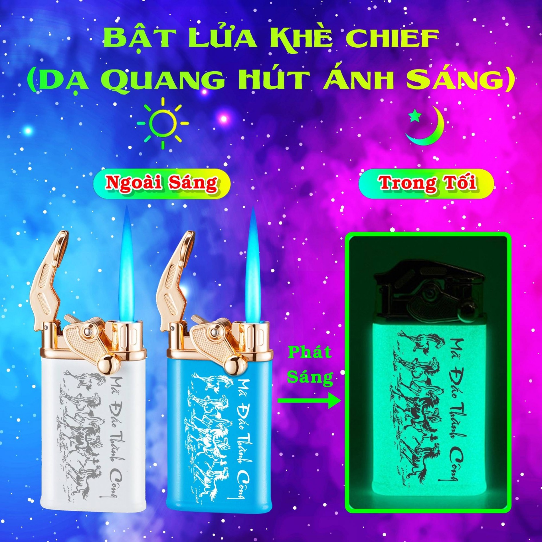 Hộp quẹt bật lửa khè Chief búng tay đánh lửa dạ quang hút ánh sáng hình mã đáo thành công - (xài gas)