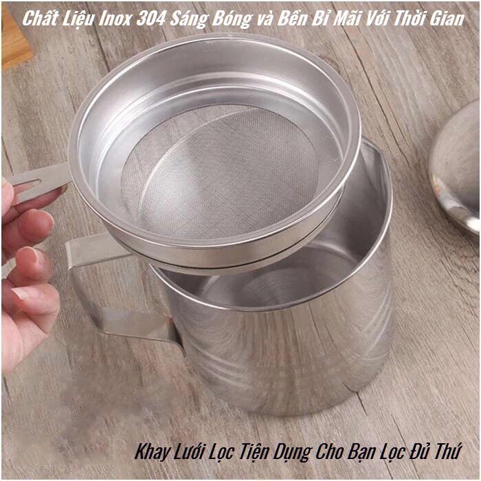 Ca Lọc Dầu Ăn Bằng Inox Cao Cấp 1,2L CÓ GIÁ LỌC, inox 304 sáng bóng, cực đẹp