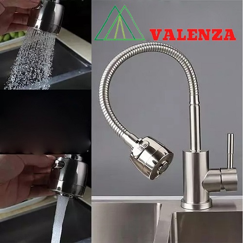 Vòi rửa bát lò xo cần mềm nóng lạnh Valenza sus304 kèm dây cấp nước inox