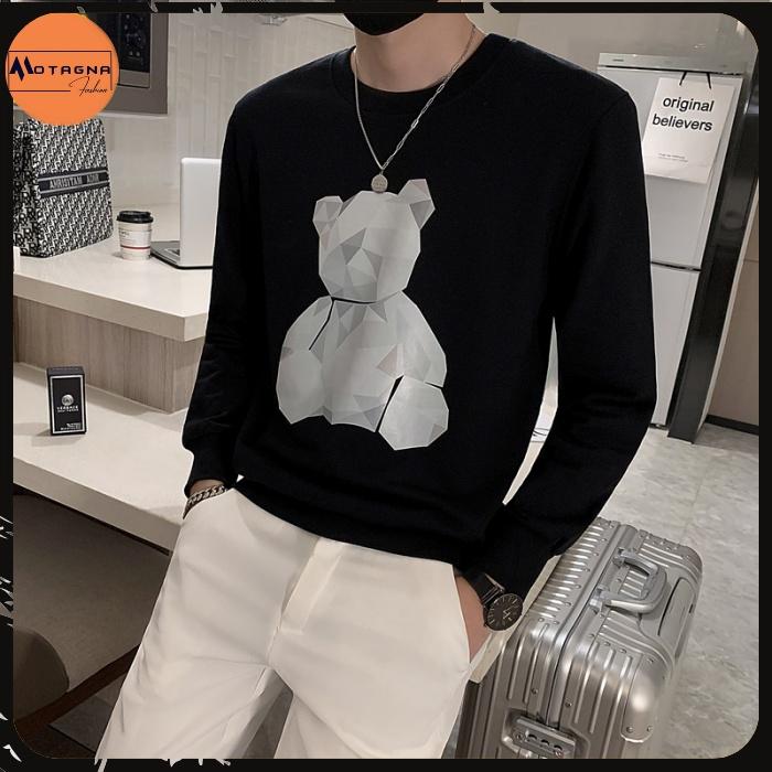 Áo sweater nam cổ tròn, Áo thu đông nam tay dài cổ tròn dáng ôm in Gấu Xếp mã NZ812