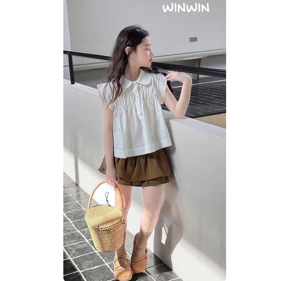 Set Váy Bé Gái, Bộ Bé Gái Áo Sơ Mi Kiểu Nhún Ngực Kèm Chân Váy 2 Tầng Từ 12-45KG Dành Cho Bé Gái