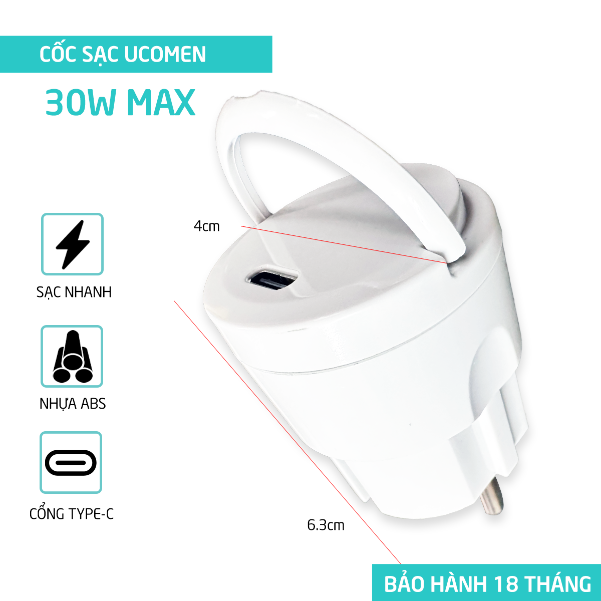 Ổ cắm sạc nhanh UCOMEN cổng Type-C 30W chân cắm EU - Hàng chính hãng