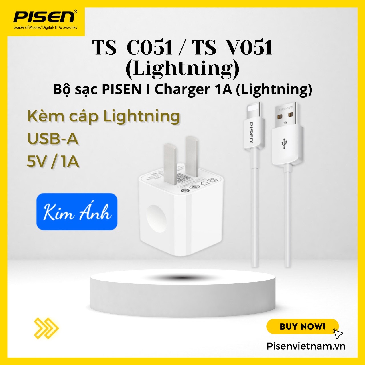 Bộ sạc Pisen I Charger 1A kèm cáp L - cho điện thoại t.táo - Hàng chính hãng