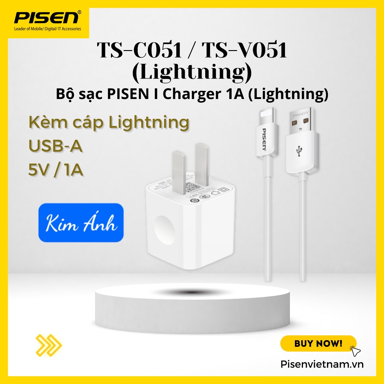 Bộ sạc Pisen I Charger 1A kèm cáp L - (TS-C051-L) cho điện thoại t.táo - Hàng chính hãng