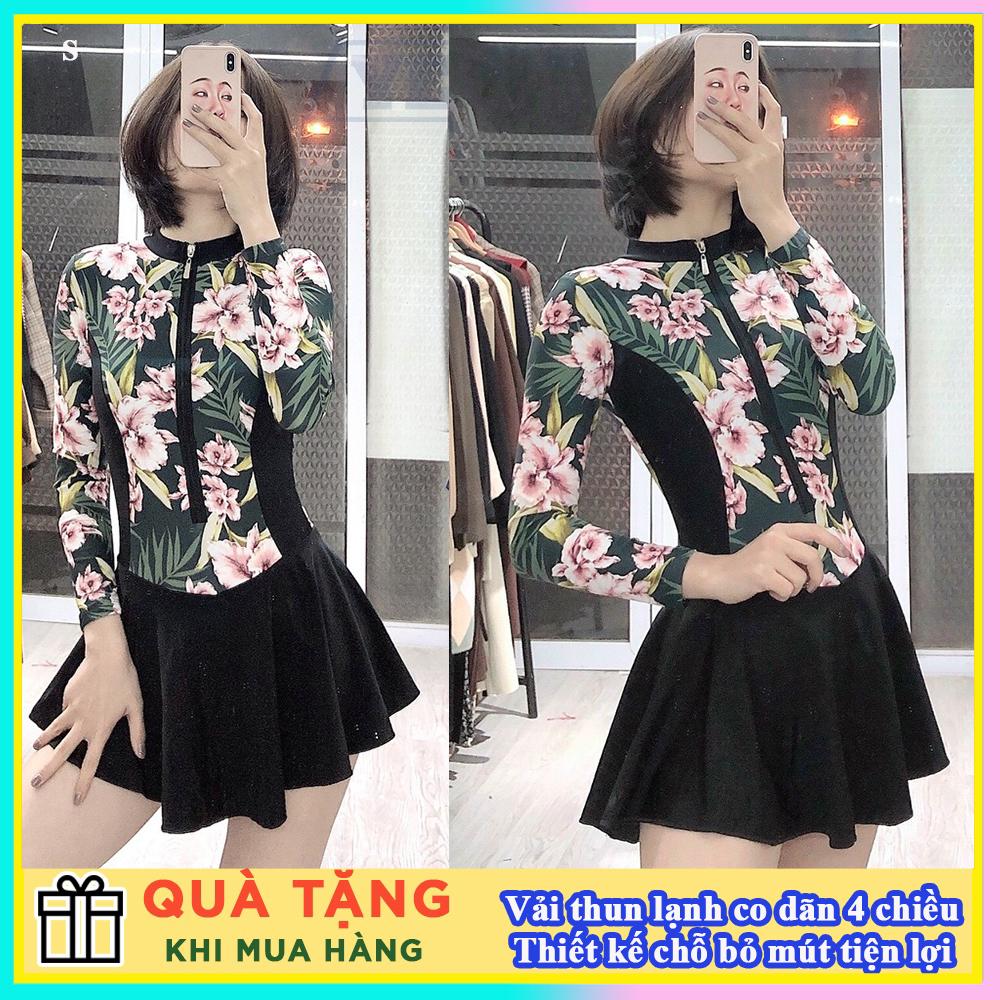 Đồ bơi nữ bikini nữ 1 mảnh liền thân tay dài họa tiết chân váy xòe có quần lót trong kín đáo LM002