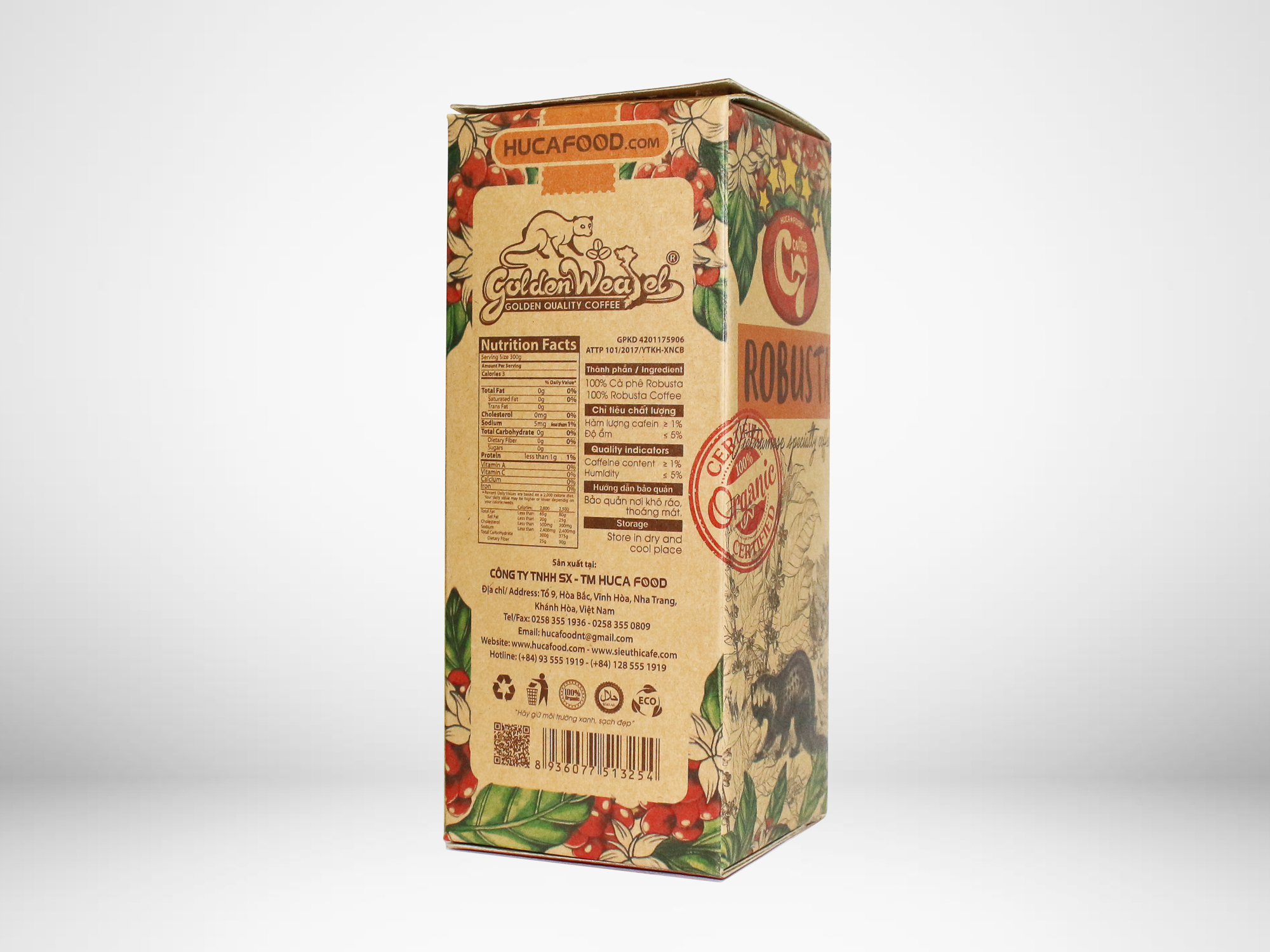 Cà Phê Bột Nguyên Chất 100% Robusta Con Chồn Vàng Hộp 350Gr - Huca Food