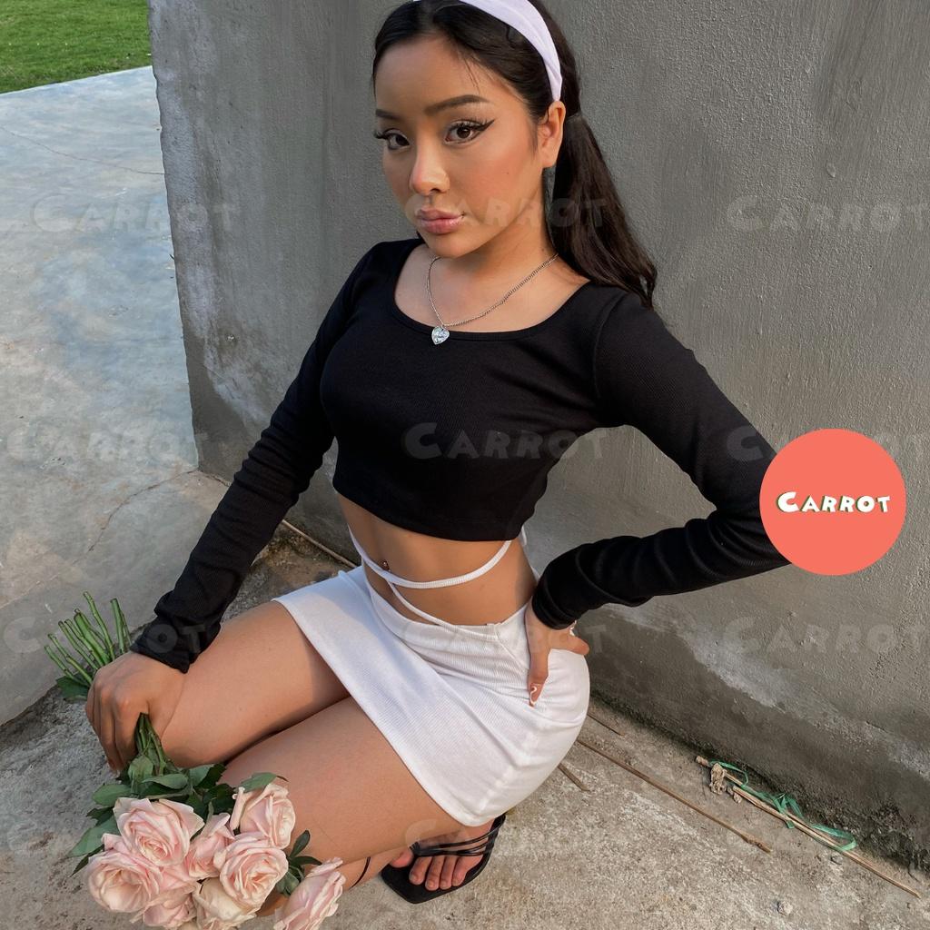 Croptop đen tay dài chân váy trắng basic ôm eo cột dây tôn dáng chất thun trendy thời trang nữ carrotxinhdep