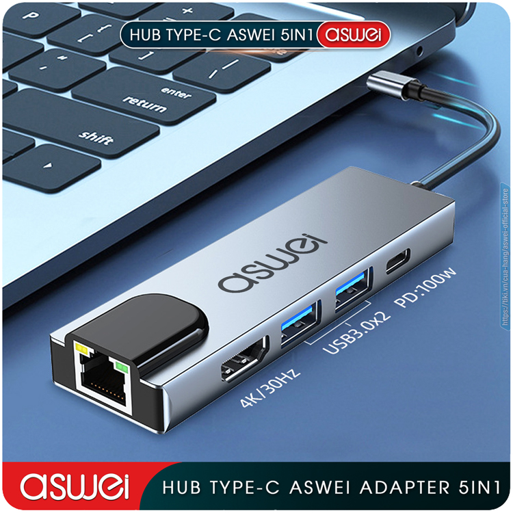Hub Type C ASWEI 5 in 1 To HDMI, USB 3.0, Lan RJ45, PD 100W - Hàng Chính Hãng
