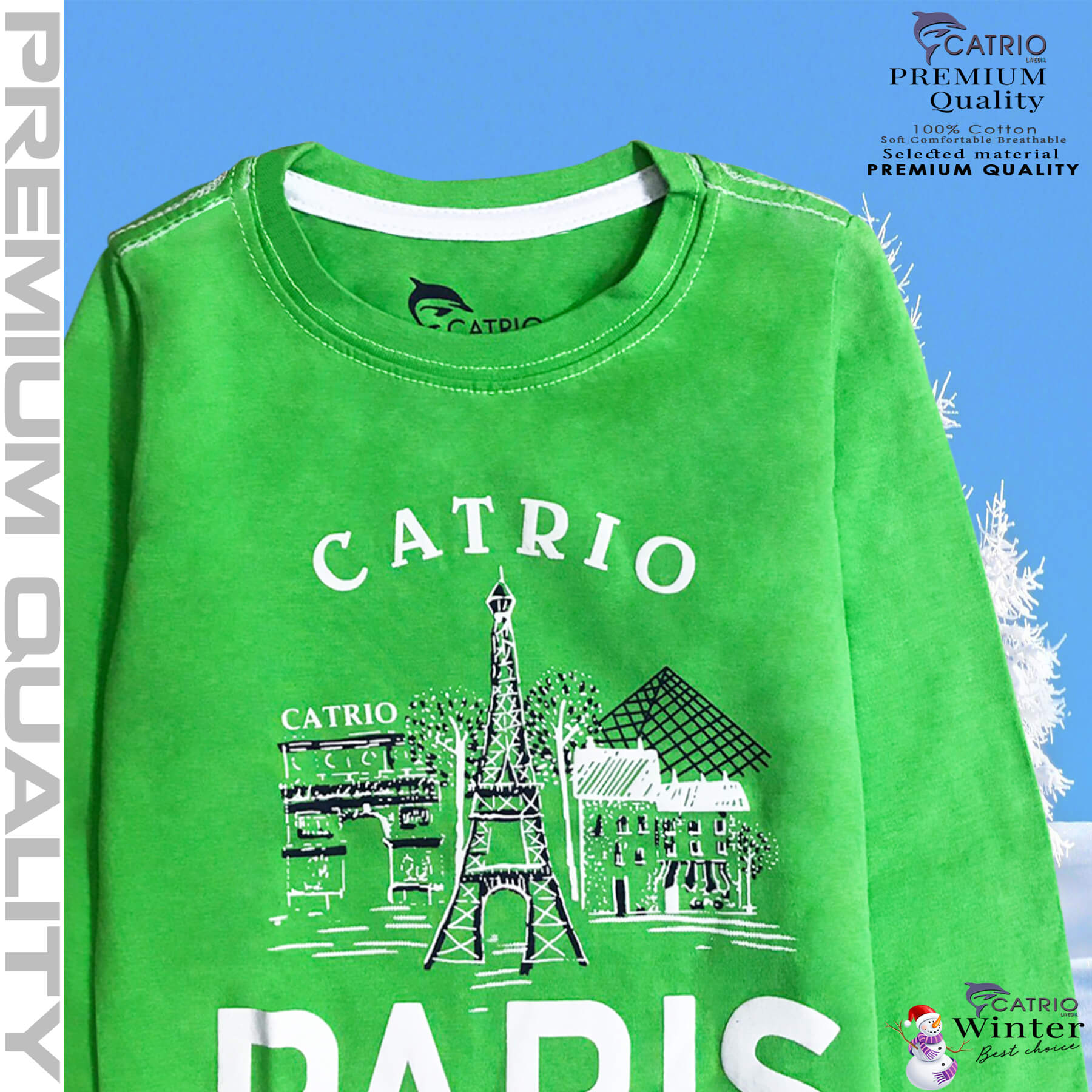 ÁO THUN DÀI TAY BÉ TRAI CATRIO in PARIS màu XANH CỐM là áo phông tay dài trẻ em từ 8kg 10kg 12 kg .. 23kg cổ tròn vải dệt kim co giãn 4 chiều + quần dài cotton thành bộ đồ thu đông cho bé rất đẹp