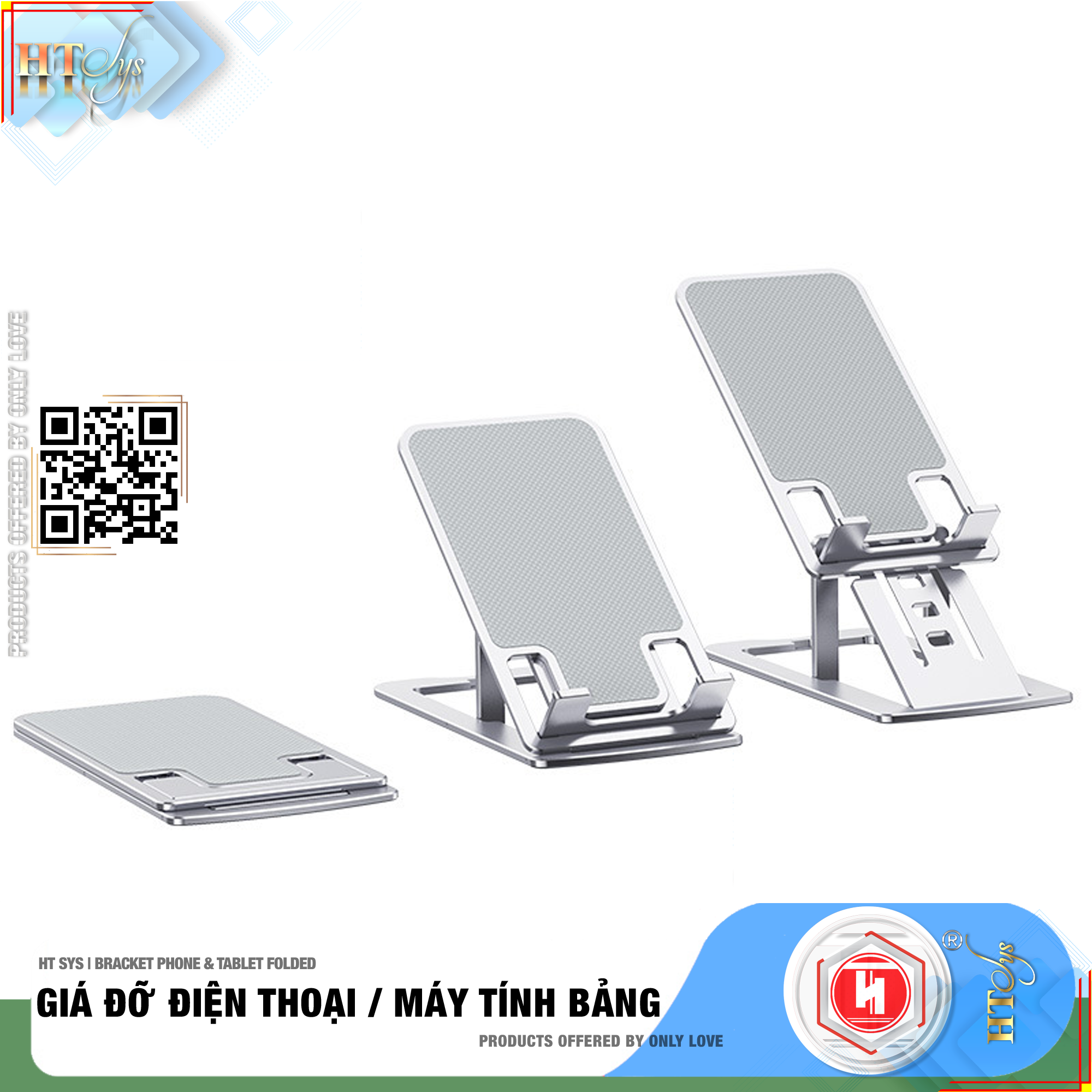 Giá đỡ điện thoại, máy tính bảng để bàn gấp gọn HT SYS BRACKET PHONE and TABLET FOLDED  - Hợp kim nhôm cao cấp - Có thể điều chỉnh 7 góc độ, phù hợp với tất cả các dòng điện thoại và máy tính bảng - Hàng Nhập Khẩu