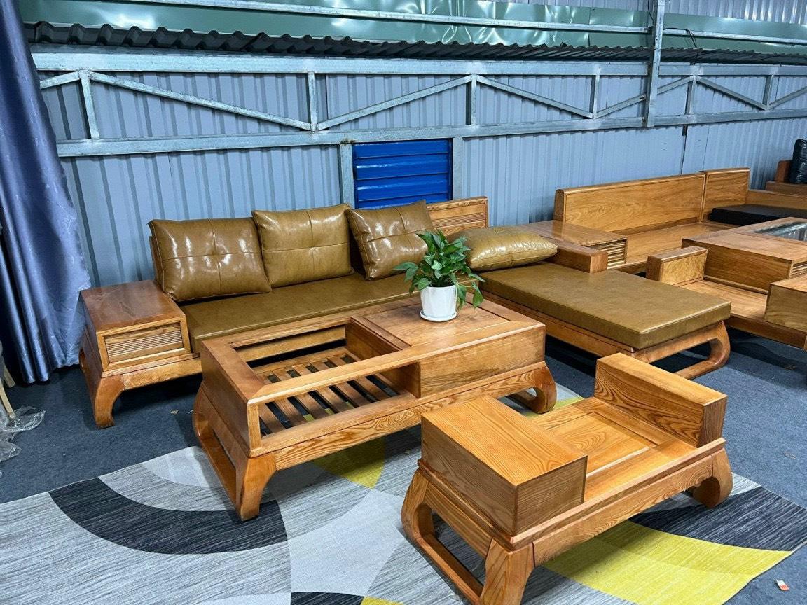 Sofa Góc L Phòng Khách Màu vàng chanh  Chân Quấn Gỗ đinh hương