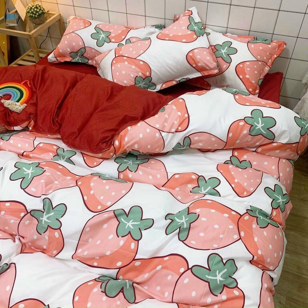 Bộ chăn ga cotton poly M2T Bedding chăn ga Hàn Quốc họa tiết dâu tây đỏ đủ size