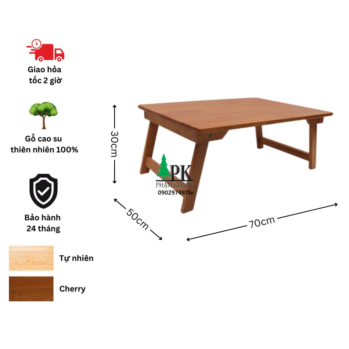 Bàn gỗ xếp chân thang Phạm Khang - Gỗ cao su tự nhiên màu Gỗ Tự Nhiên/ Vàng Cherry - Kích thước 50 x 70 cm