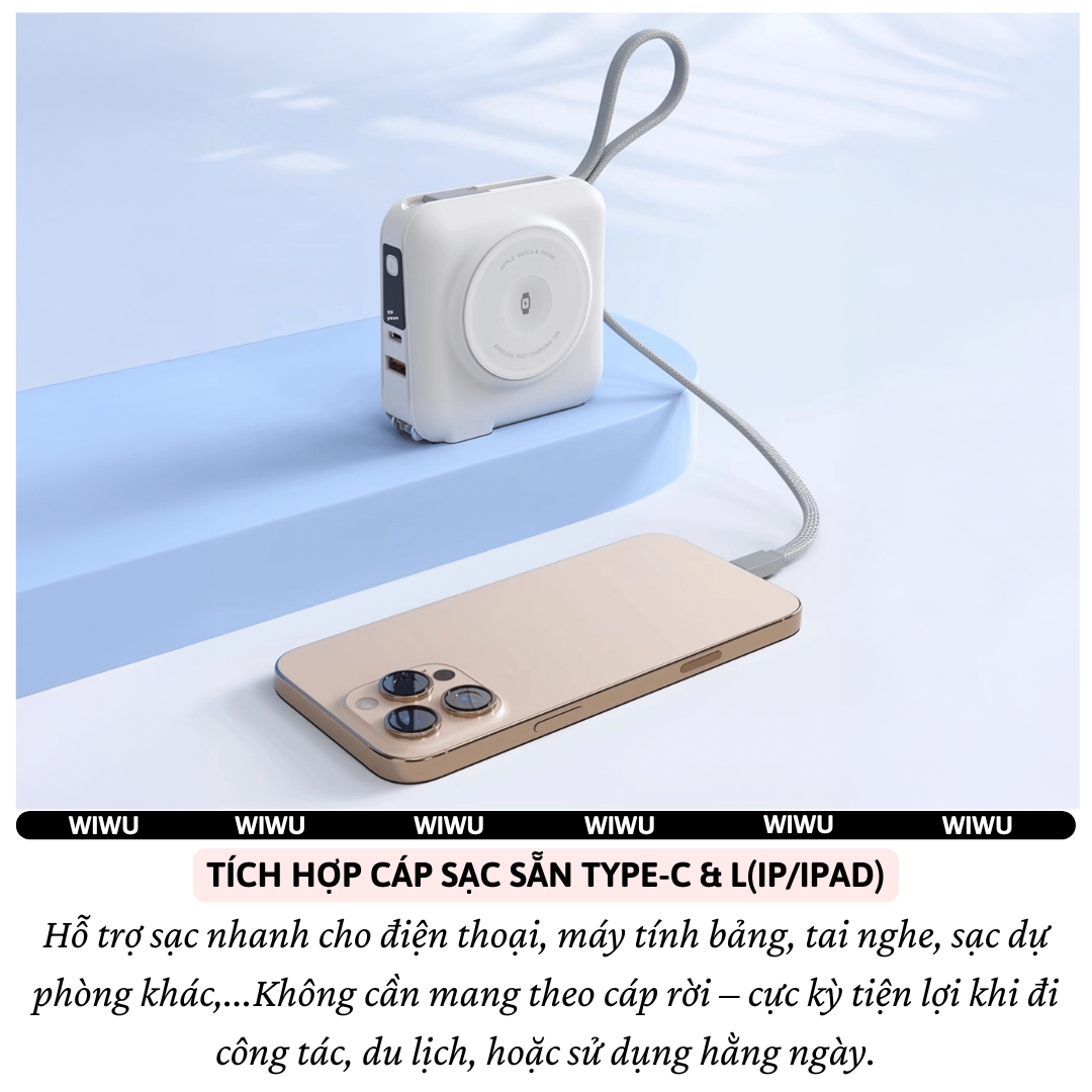Pin sạc dự phòng kiêm củ sạc nhanh 45W kèm dây sạc Type-C / L (iP/iPad) và Sạc Không Dây từ tính Magnetic, Pin 15000mAh, Jack cắm EU/UK hiệu WIWU 6 in 1 All-Round - Hỗ trợ sạc cho iPhone / iPad / Macbook / Laptop, đạt chuẩn hàng không - hàng nhập khẩu