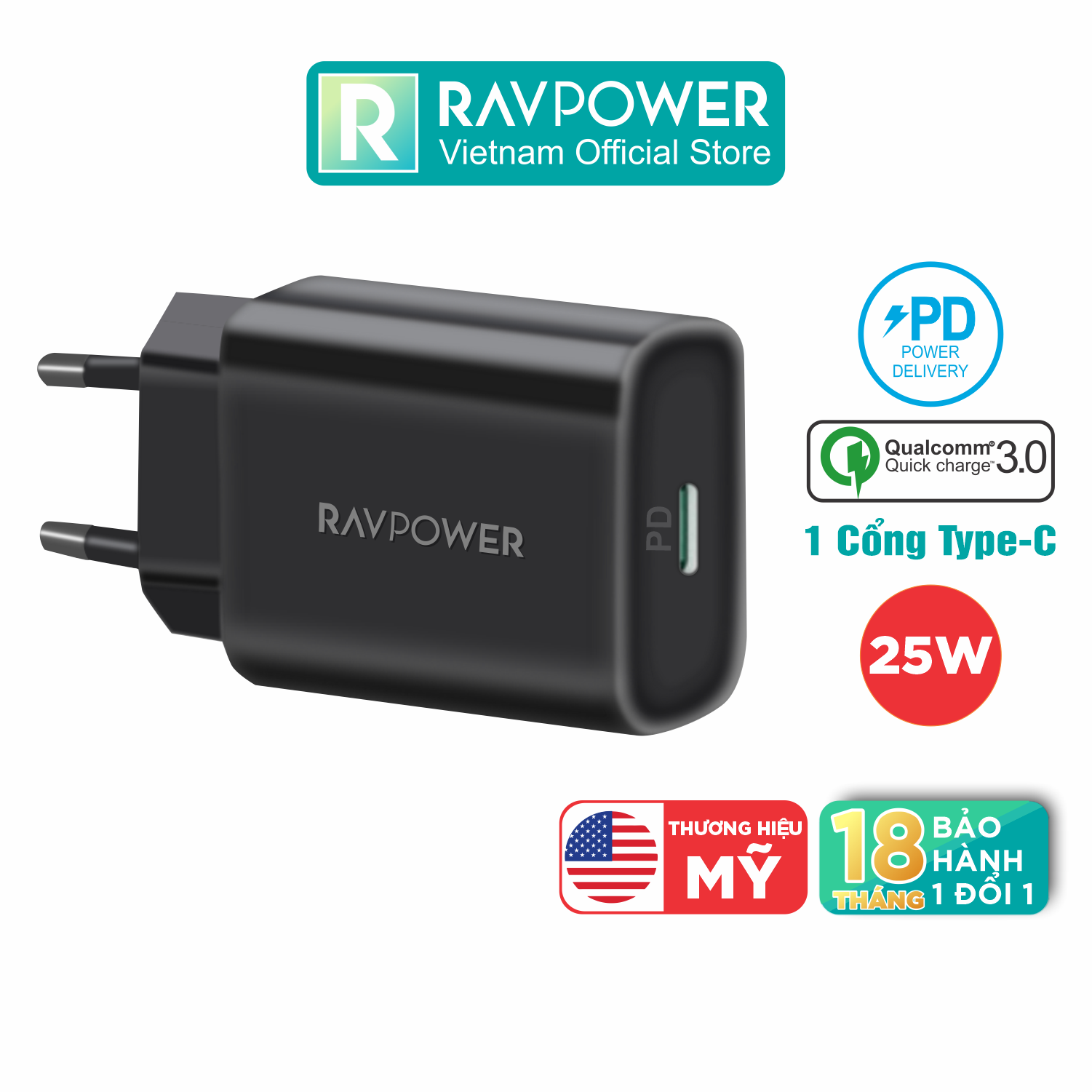 Adapter Củ Sạc Nhanh Đến 25W Type C PPS PD 3.0 QC 3.0 RAVPower RP-PC156 Dành Cho Điện Thoại Samsung, iPhone, iPad - Hàng Chính Hãng