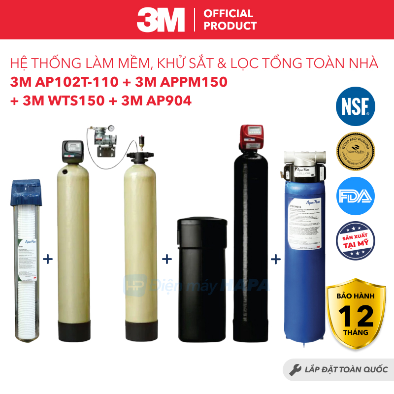 Hệ Thống Khử Kim Loại, Làm Mềm &amp; Lọc Nước Tổng 3M APPM150 + WTS150 + AP904 + AP102T-110 Cho Biệt Thự, Villa, Nhà Phố... Công Suất 378.541 Lít, Chuyên Xử Lý Mọi Nguồn Nước Đầu Vào, Nước Giếng, Cứng, Kim Loại Nặng - Nhập Khẩu Mỹ, Hàng Chính Hãng 3M