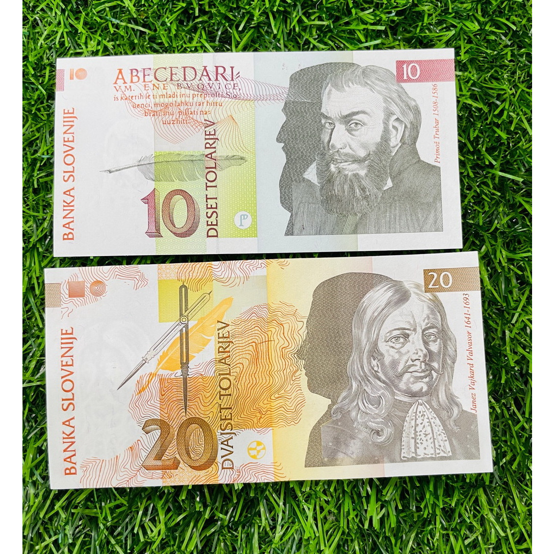 Combo 2 tờ tiền Slovenia 10 20 Tolarjev, tiền châu Âu, mới 100% UNC, tặng túi nilon bảo quản The Merrick Mint