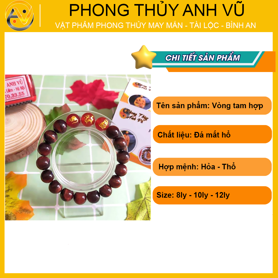 Vòng tay phong thủy cho nam thân tý thìn đã khai quang - chất liệu mắt hổ đỏ nâu - size 8 10 12ly - may mắn tài lộc - Vòng Tam Hợp Anh Vũ